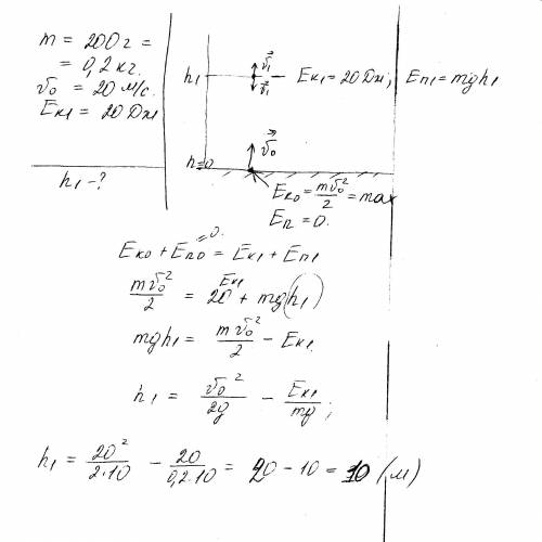 Тело массой 200 г брошено вертикально вверх с начальной скоростью 20 м с . на какой высоте относител