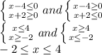 \left \{ {{x-4\leq0} \atop {x+2\geq0}} \right and \left \{ {{x-4\geq0} \atop {x+2\leq0}} \right \\ \left \{ {{x\leq4} \atop {x\geq-2}} \right and \left \{ {{x\geq4} \atop {x\leq-2}} \right\\ -2\leq x\leq 4