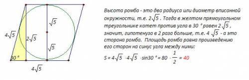 Острый угол ромба равен 30⁰. радиус вписанного круга равен √5. найдите площадь ромба.