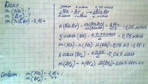 Какие массы металлического натрия и брома потребуются для получения бромида натрия nabr массой 5,15 