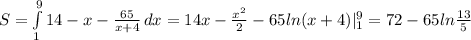 S=\int\limits^9_1 {14-x-\frac{65}{x+4}} \, dx=14x-\frac{x^2}{2}-65ln(x+4)|_1^9=72-65ln\frac{13}{5}