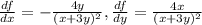 \frac{df}{dx}=-\frac{4y}{(x+3y)^2}, \frac{df}{dy}=\frac{4x}{(x+3y)^2}