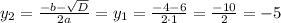 y_{2}=\frac{-b-\sqrt{D}}{2a}=y_{1}=\frac{-4-6}{2\cdot1}=\frac{-10}{2}=-5