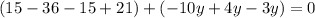 (15-36-15+21)+(-10y+4y-3y)=0