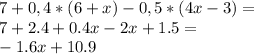 7 + 0,4 * (6 + x) - 0,5 * (4 x - 3) = \\ 7 + 2.4+0.4x-2x+1.5 =\\ -1.6x + 10.9 