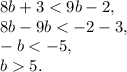 8b+3<9b-2,\\8b-9b<-2-3,\\-b<-5,\\b5.