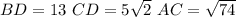 BD=13\ CD=5\sqrt{2}\ AC=\sqrt{74}