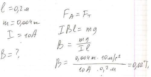 Сила тока в горизонтально расположенном проводнике длиной 20 см и массой 4 г равна 10 а. найти индук