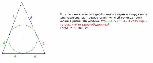 1) вычислите периметр равнобедренного треугольника ,если окружность,вписанная в треугольник ,точкой 