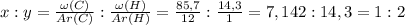 x:y=\frac{\omega(C)}{Ar(C)}:\frac{\omega(H)}{Ar(H)}=\frac{85,7}{12}:\frac{14,3}{1}=7,142:14,3=1:2