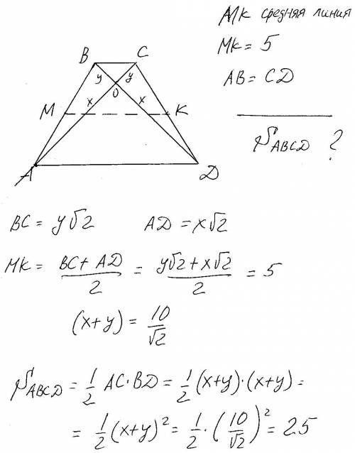 Средняя линия ровнобокой трапеции равняется 5 см, деагонали пересикаются под прямым углом. найдите п