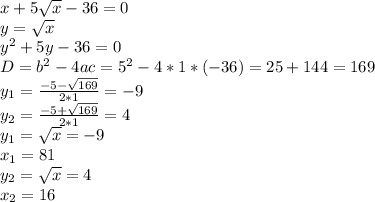 x+5 \sqrt{x} -36=0 \\ y= \sqrt{x} \\ y^2+5y-36=0 \\ D=b^2-4ac=5^2-4*1*(-36)=25+144=169 \\ y_1= \frac{-5- \sqrt{169} }{2*1} =-9 \\ y_2= \frac{-5+ \sqrt{169} }{2*1} =4 \\ y_1= \sqrt{x} =-9 \\ x_1=81 \\ y_2= \sqrt{x} =4 \\ x_2=16&#10;