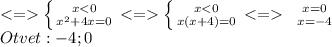 <= \left \{ {{x<0} \atop {x^2+4x=0}} \right. <= \left \{ {{x<0} \atop {x(x+4)=0}} \right. <= \left \ {{x=0} \atop {x=-4}} \right. \\ Otvet: -4; 0