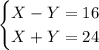 \begin{cases} X-Y=16\\ X+Y = 24 \end{cases}