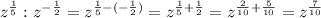 z^{\frac{1}{5}}:z^{-\frac{1}{2}}=z^{\frac{1}{5}-(-\frac{1}{2})}=z^{\frac{1}{5}+\frac{1}{2}}=z^{\frac{2}{10}+\frac{5}{10}}=z^{\frac{7}{10}}