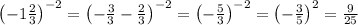 \left(-1\frac23\right)^{-2}=\left(-\frac33-\frac23\right)^{-2}=\left(-\frac53\right)^{-2}=\left(-\frac35\right)^{2}=\frac{9}{25}