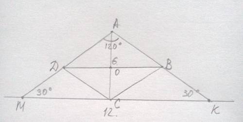 Вромбе abcd тупой угол равен 120 градусов. через вершину с проведена прямая, параллельная диагонали 