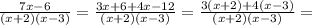 \frac{7x-6}{(x+2)(x-3)}=\frac{3x+6+4x-12}{(x+2)(x-3)}=\frac{3(x+2)+4(x-3)}{(x+2)(x-3)}=