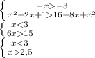 \left \{ {{-x-3} \atop { x^{2} -2x+116-8x+x ^{2}} \right. \\ \left \{ {{x<3} \atop { 6x15} \right. \\\left \{ {{x<3} \atop { x2,5} \right. 