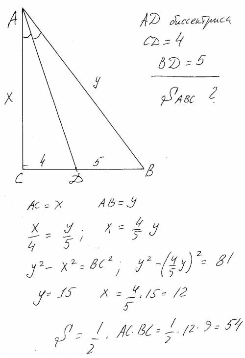 Втреугольнике abc с прямым углом c проведена биссектриса ad. найдите площадь треугольника abc , если