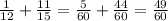  \frac{1}{12} + \frac{11}{15} = \frac{5}{60} + \frac{44}{60} = \frac{49}{60} 