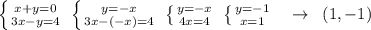 \left \{ {{x+y=0} \atop {3x-y=4}} \right.\; \left \{ {{y=-x} \atop {3x-(-x)=4}} \right. \; \left \{ {{y=-x} \atop {4x=4}} \right. \; \left \{ {{y=-1} \atop {x=1}} \right. \; \; \; \to \; \; (1,-1)