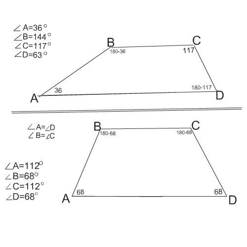 1. найдите углы b и d трапеции abcd с основаниями ab и bc,если угол a = 36 градусов, а угол c = 117 