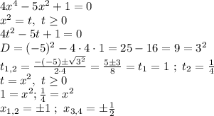  4x^4-5x^2+1=0 \\ x^2=t, \ t\geq0 \\ 4t^2-5t+1=0 \\ D = (-5)^2-4 \cdot 4 \cdot 1= 25-16=9=3^2 \\ t_{1,2}=\frac{-(-5)\pm \sqrt{3^2}}{2 \cdot 4} = \frac{5 \pm 3}{8} = t_1=1 \ ; \ t_2= \frac{1}{4} \\ t=x^2, \ t\geq0 \\ 1=x^2 ; \frac{1}{4}=x^2 \\x_{1,2}=\pm 1 \ ; \ {x_{3,4}=\pm\frac{1}{2} \ 