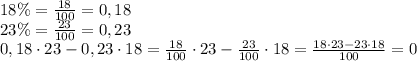 18\% = \frac{18}{100} = 0,18\\ 23\% = \frac{23}{100} = 0,23\\ 0,18\cdot23 - 0,23\cdot18 = \frac{18}{100}\cdot23-\frac{23}{100}\cdot18=\frac{18\cdot23-23\cdot18}{100}=0