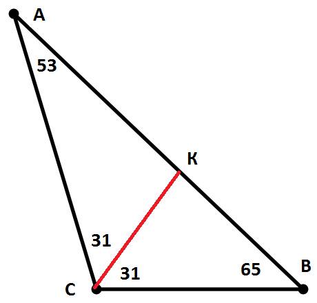 Втреугольнике abc ck-биссектриса.найдите градусную меру угла акс.угол а=53.уголв-65