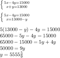 \left \{ {5x-4y=15000} \atop {x+y=13000}} \right.\\ \\ \left \{ {5x-4y=15000} \atop {x=13000-y}} \right\\ \\ 5(13000-y)-4y=15000\\ 65000-5y-4y=15000\\ 65000-15000=5y+4y\\\ 50000=9y\\ y=5555\frac{5}{9}