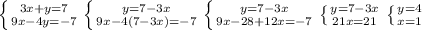 \left \{ {{3x+y=7} \atop {9x-4y=-7}} \right. \left \{ {{y=7-3x} \atop {9x-4(7-3x)=-7}} \right.\left \{ {{y=7-3x} \atop {9x-28+12x=-7}} \right. \left \{ {{y=7-3x} \atop {21x=21}} \right.\left \{ {{y=4} \atop {x=1}} \right. 