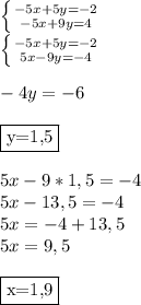 \left \{ {-5x+5y=-2} \atop {-5x+9y=4}} \right. \\ \left \{ {-5x+5y=-2} \atop {5x-9y=-4}} \right. \\ \\ -4y=-6 \\ \\ \fbox {y=1,5} \\ \\ 5x-9*1,5=-4 \\ 5x-13,5=-4 \\ 5x=-4+13,5 \\ 5x=9,5 \\ \\ \fbox {x=1,9} \\