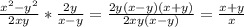 \frac{x^2-y^2}{2xy}*\frac{2y}{x-y}=\frac{2y(x-y)(x+y)}{2xy(x-y)}=\frac{x+y}{x}