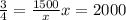 \frac{3}{4}=\frac{1500}{x} x =2000