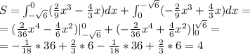 S = \int_{-\sqrt{6}}^0(\frac{2}{9}x^3-\frac{4}{3}x)dx + \int_0^{-\sqrt{6}}(-\frac{2}{9}x^3+\frac{4}{3}x)dx=\\ =(\frac{2}{36}x^4-\frac{4}{6}x^2)|_{-\sqrt{6}}^0+(-\frac{2}{36}x^4+\frac{4}{6}x^2)|_0^{\sqrt{6}}=\\ =-\frac{1}{18}*36 +\frac{2}{3}*6- \frac{1}{18}*36 +\frac{2}{3}*6= 4