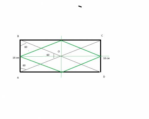 Меньшая сторона прямоугольника равна 16 см и образует с диагоналями угол,равный 60 градусов. середин