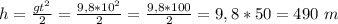 h=\frac{gt^2}{2}=\frac{9,8*10^2}{2}=\frac{9,8*100}{2}=9,8*50=490\ m