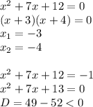 x^2+7x+12=0&#10;\\\&#10;(x+3)(x+4)=0&#10;\\\&#10;x_1=-3&#10;\\\&#10;x_2=-4&#10;\\\\&#10;x^2+7x+12=-1&#10;\\\&#10;x^2+7x+13=0&#10;\\\&#10;D=49-52<0