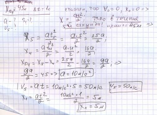 Тело, двигаясь равноускоренно, в течение пятой секунды от начала движения м. с каким ускорением двиг