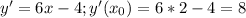 y'=6x-4; y'(x_0)=6*2-4=8