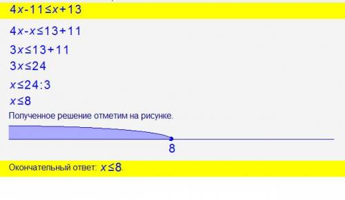 Решить неравенство: 4х-11 меньше или равно х+13