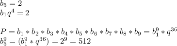 b_{5}=2\\&#10;b_{1}q^4=2\\&#10;\\&#10;P=b_{1}*b_{2}*b_{3}*b_{4}*b_{5}*b_{6}*b_{7}*b_{8}*b_{9}=b_{1}^9*q^{36}\\&#10;b_{5}^9=(b_{1}^9*q^{36}})=2^9=512