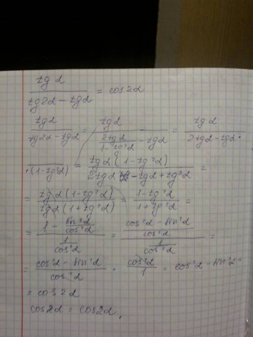 Tga/tg2a-tga=cos2a нужно доказать тождество.