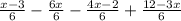  \frac{x-3}{6} - \frac{6x}{6} - \frac{4x-2}{6} + \frac{12-3x}{6} 