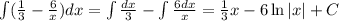 \int (\frac{1}{3}-\frac{6}{x}) dx=\int \frac{dx}{3}-\int \frac{6dx}{x}=\frac{1}{3}x-6\ln|x|+C