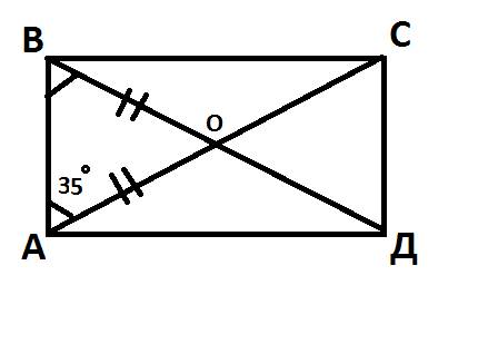 Впрямоугольнике abcd угол bac=35градусов. найдите угол между диагоналями прямоугольника.