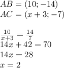 AB=(10;-14)\\ AC=(x+3;-7)\\ \\ \frac{10}{x+3}=\frac{14}{7}\\ 14x+42=70\\&#10;14x=28\\&#10;x=2