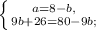 \left \{ {{a=8-b,} \atop {9b+26=80-9b;}} \right.