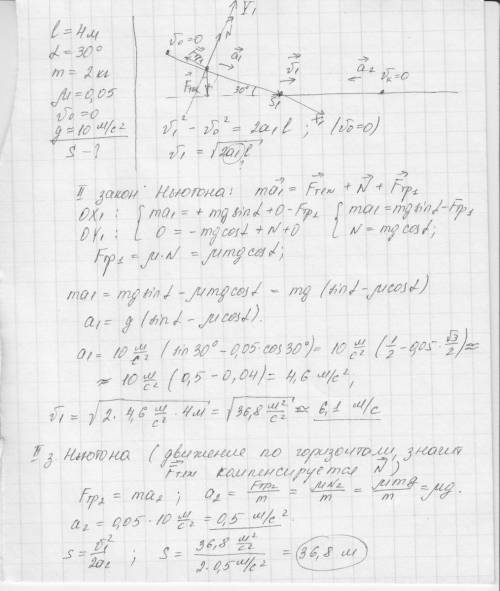 Снаклонной плоскости длиной 4 м и углом наклона 30° соскальзывает тело массой 2 кг, после чего прохо